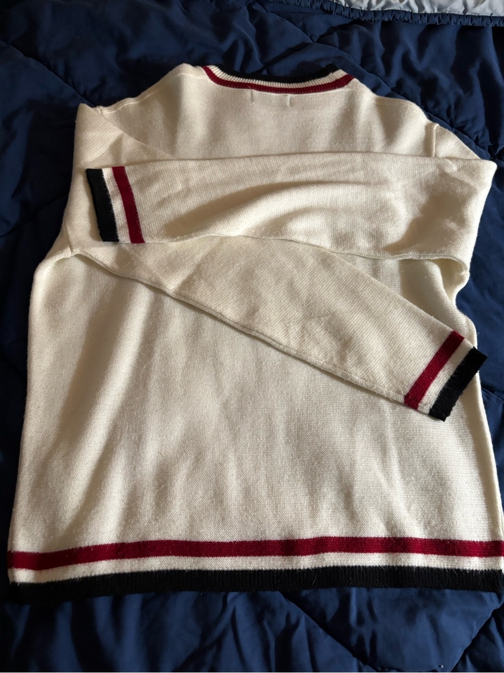 Puritan Cream Sweater with Bowling Red and Blue Strips Edge - Picture 15 of 16